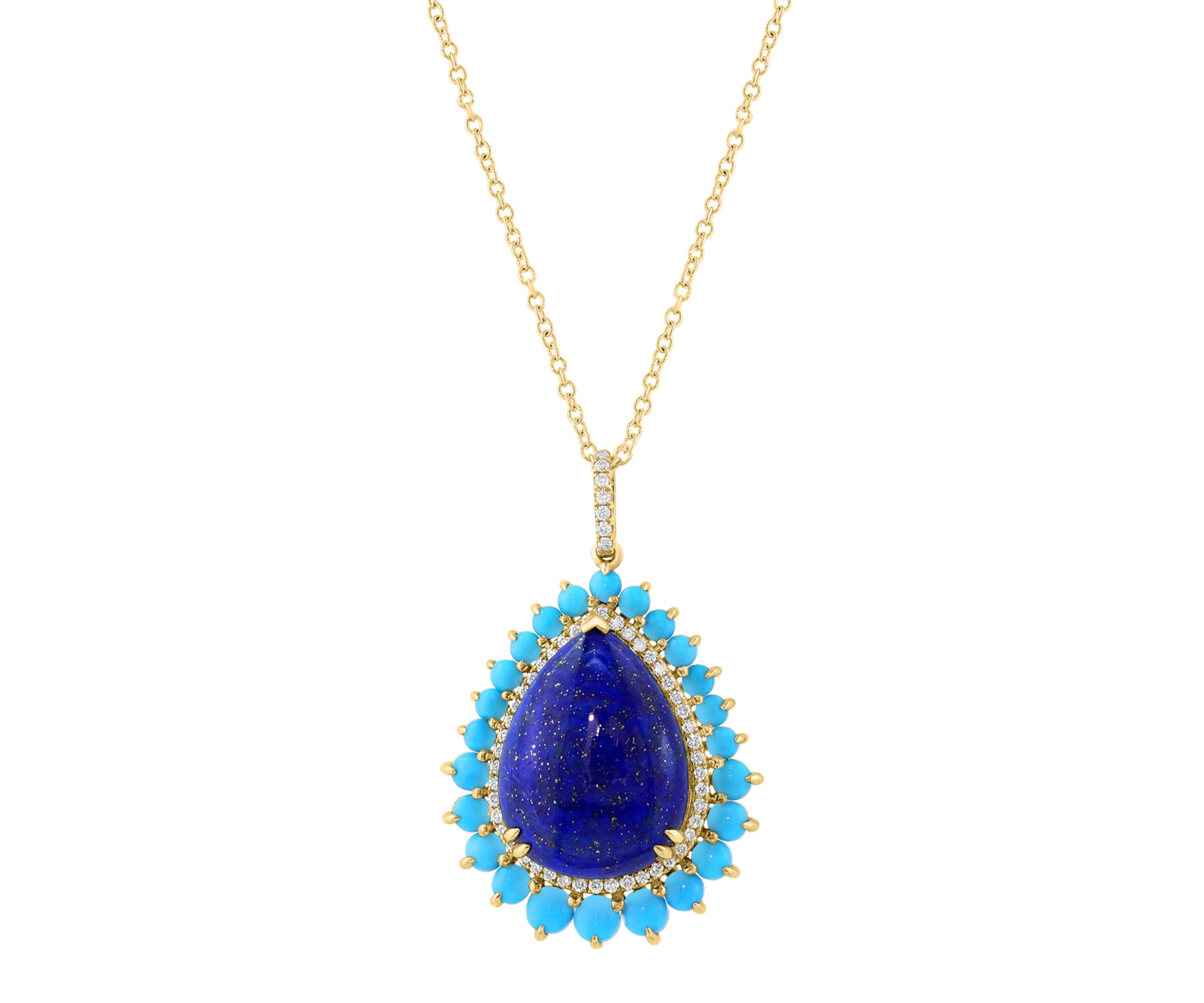 Diamond, Lapis and Turquoise Pendant in 14K Yellow Gold