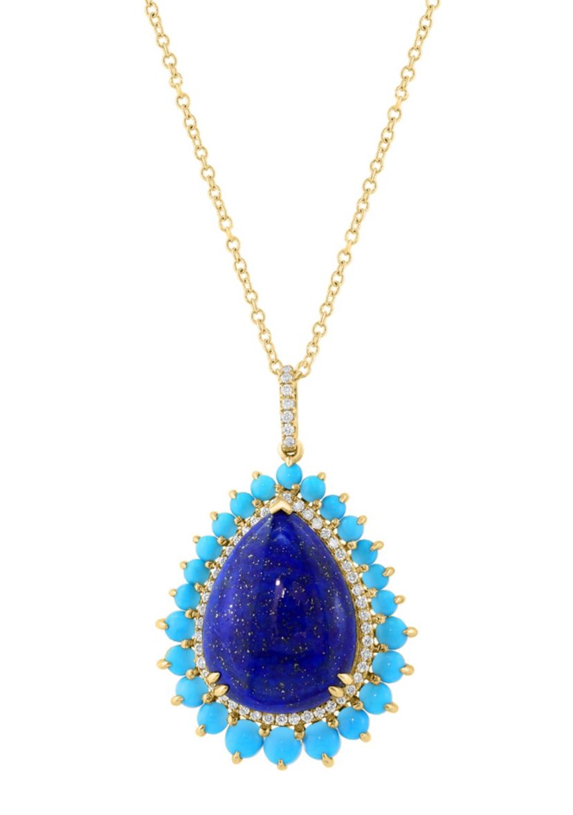 Diamond, Lapis and Turquoise Pendant in 14K Yellow Gold