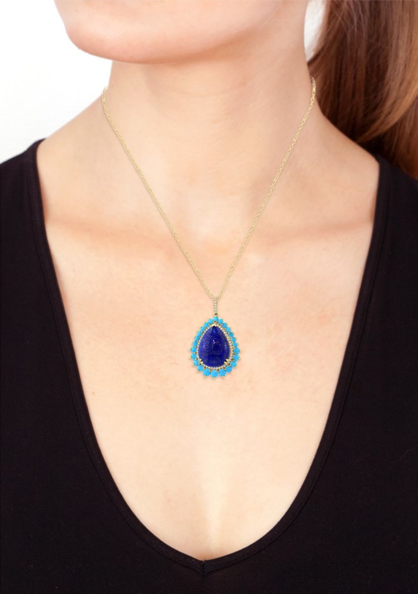 Diamond, Lapis and Turquoise Pendant in 14K Yellow Gold