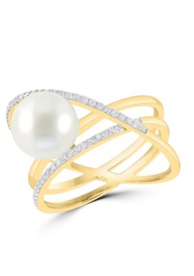 Effy Diamond and Freshwater Pearl Ring in 14K Yellow Gold, 7 -  0617892863028