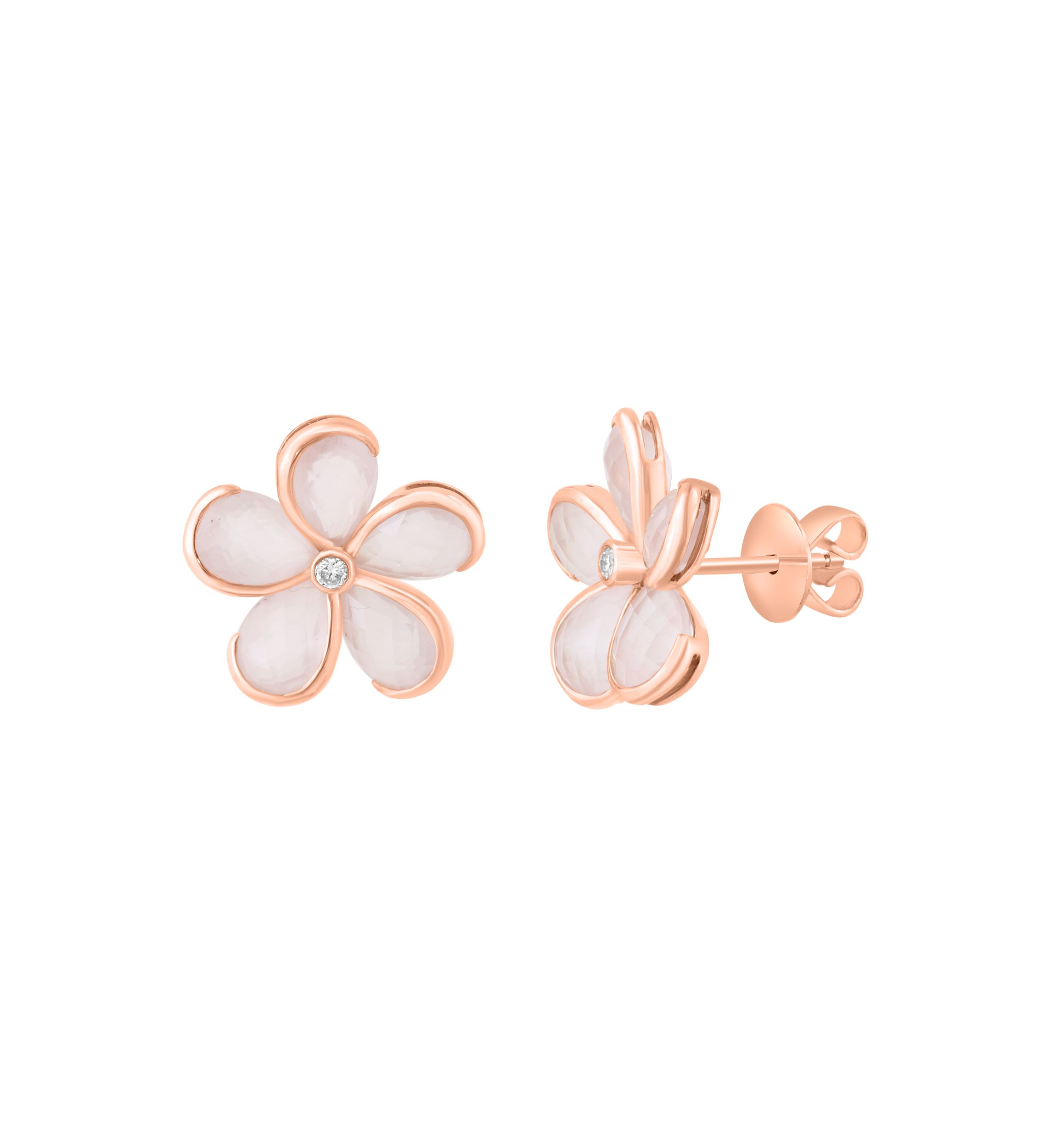 Diamond and Pink Quartz Flower Earrings in 14K Rose Gold