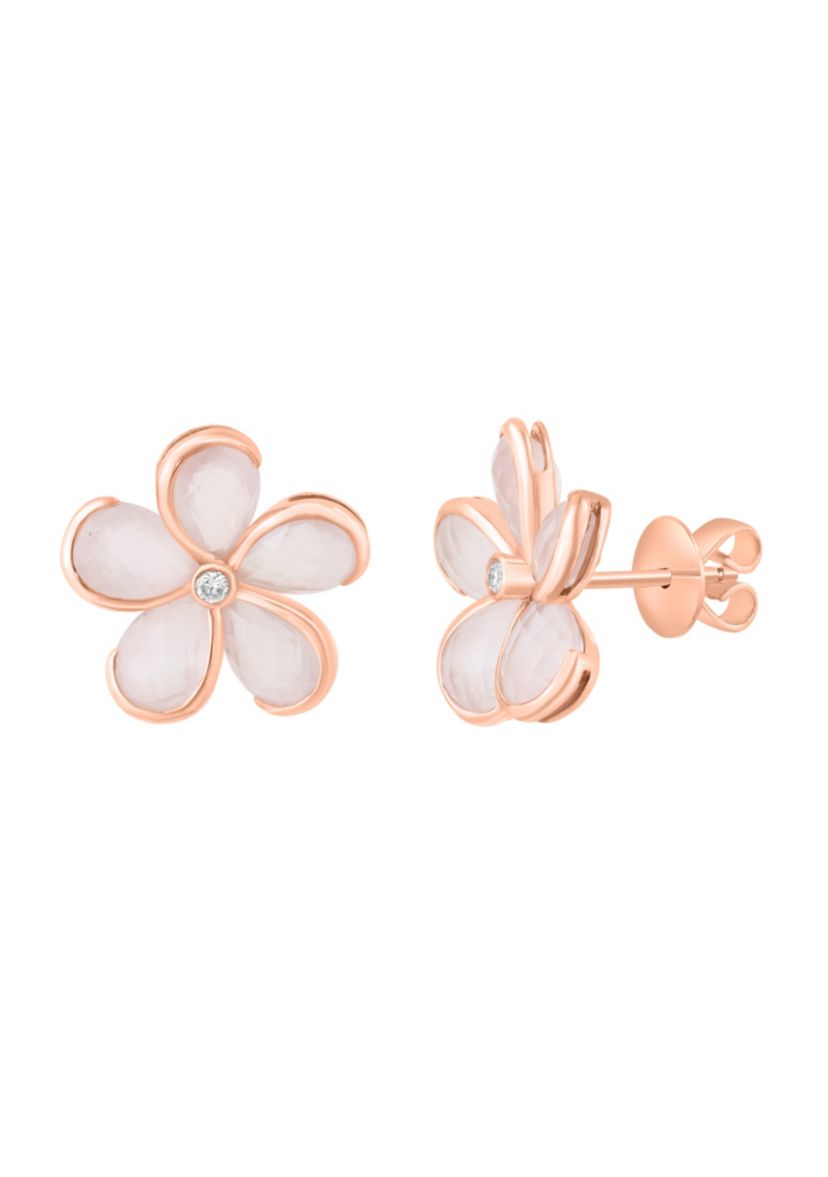 Diamond and Pink Quartz Flower Earrings in 14K Rose Gold