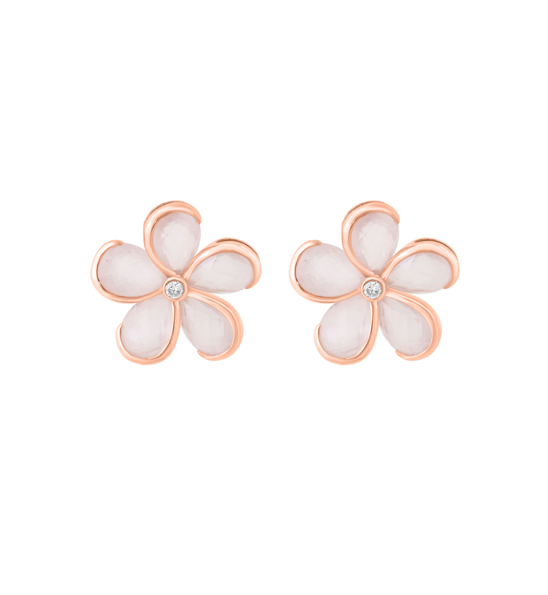 Diamond and Pink Quartz Flower Earrings in 14K Rose Gold