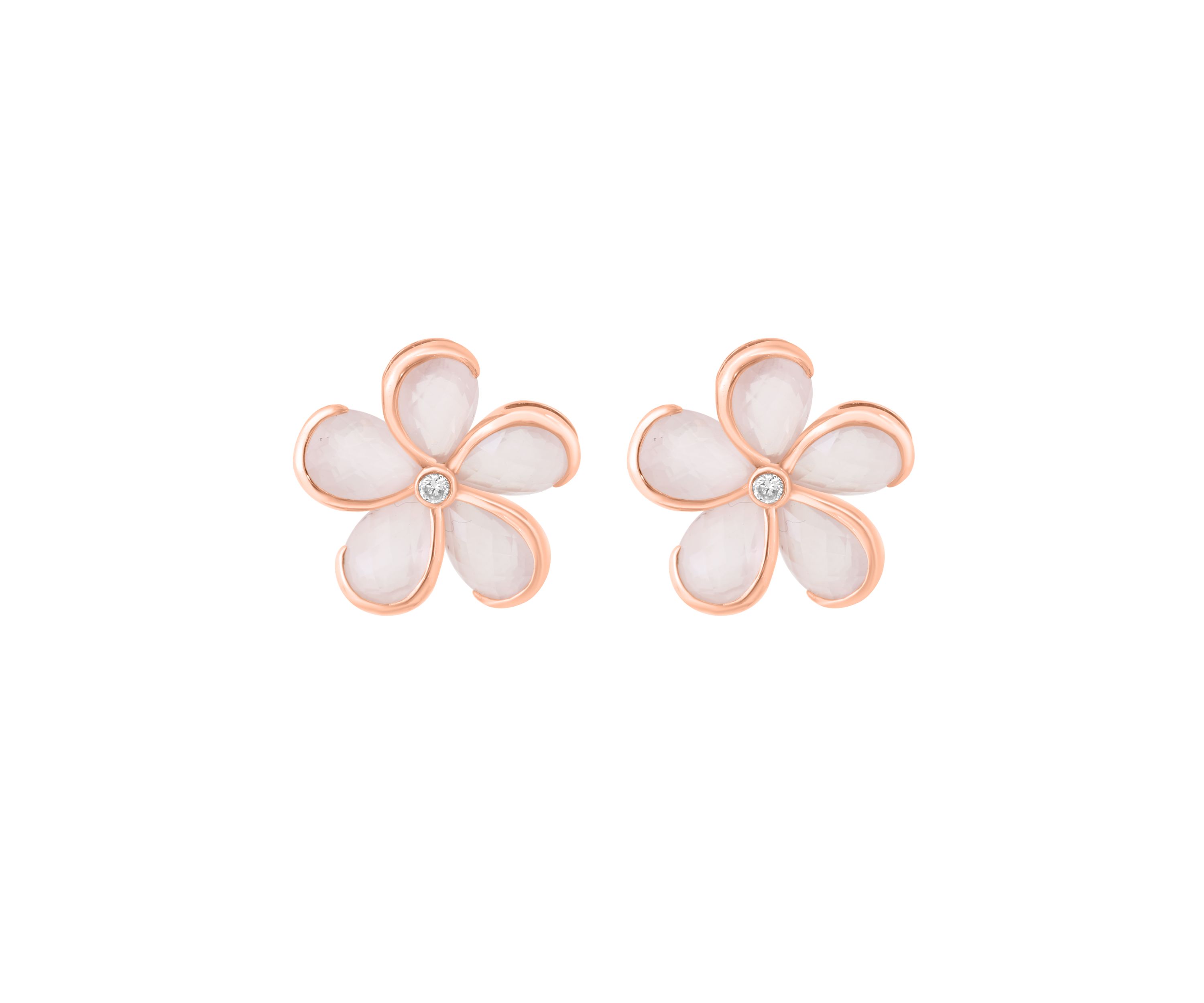 Diamond and Pink Quartz Flower Earrings in 14K Rose Gold