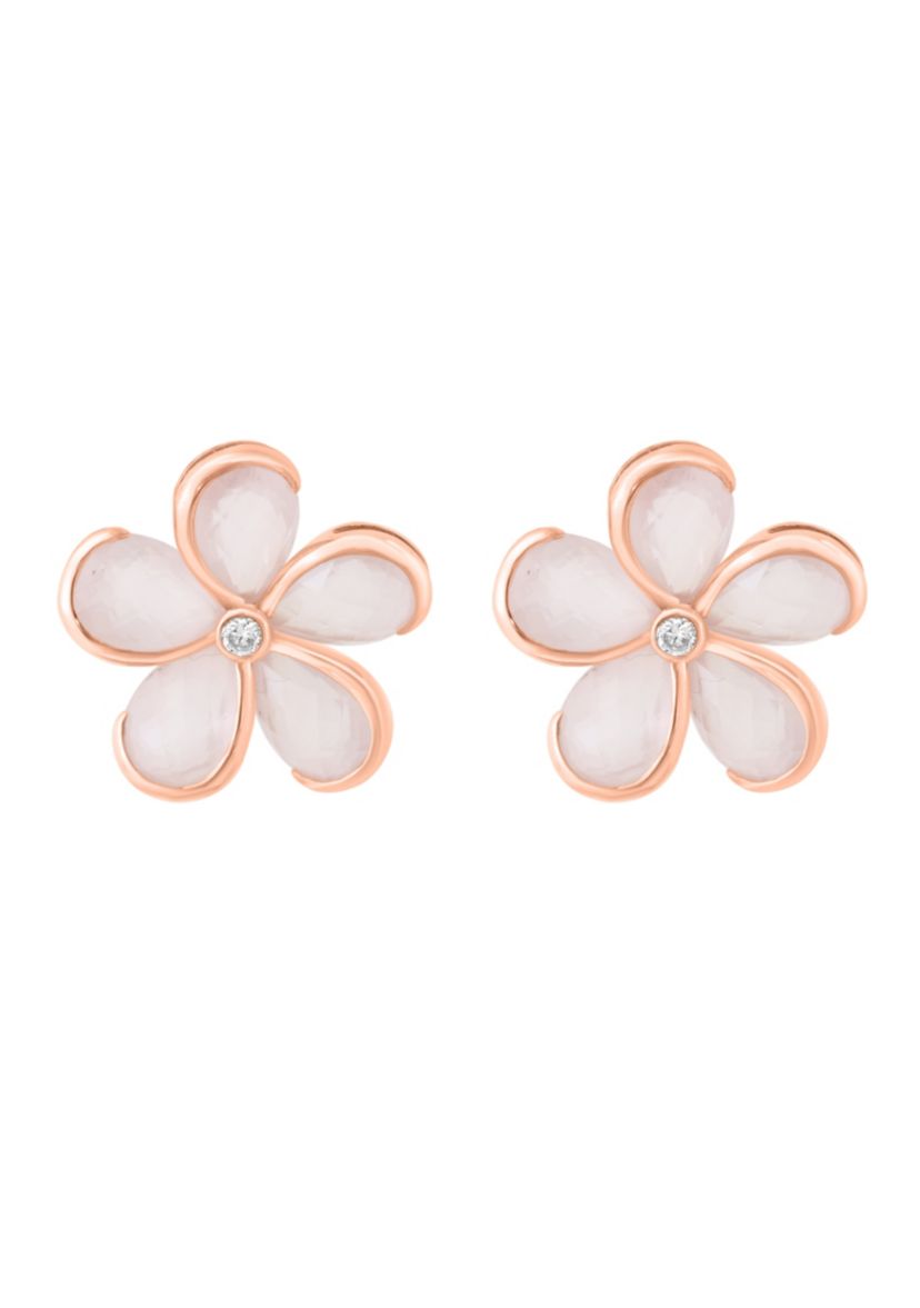 Diamond and Pink Quartz Flower Earrings in 14K Rose Gold