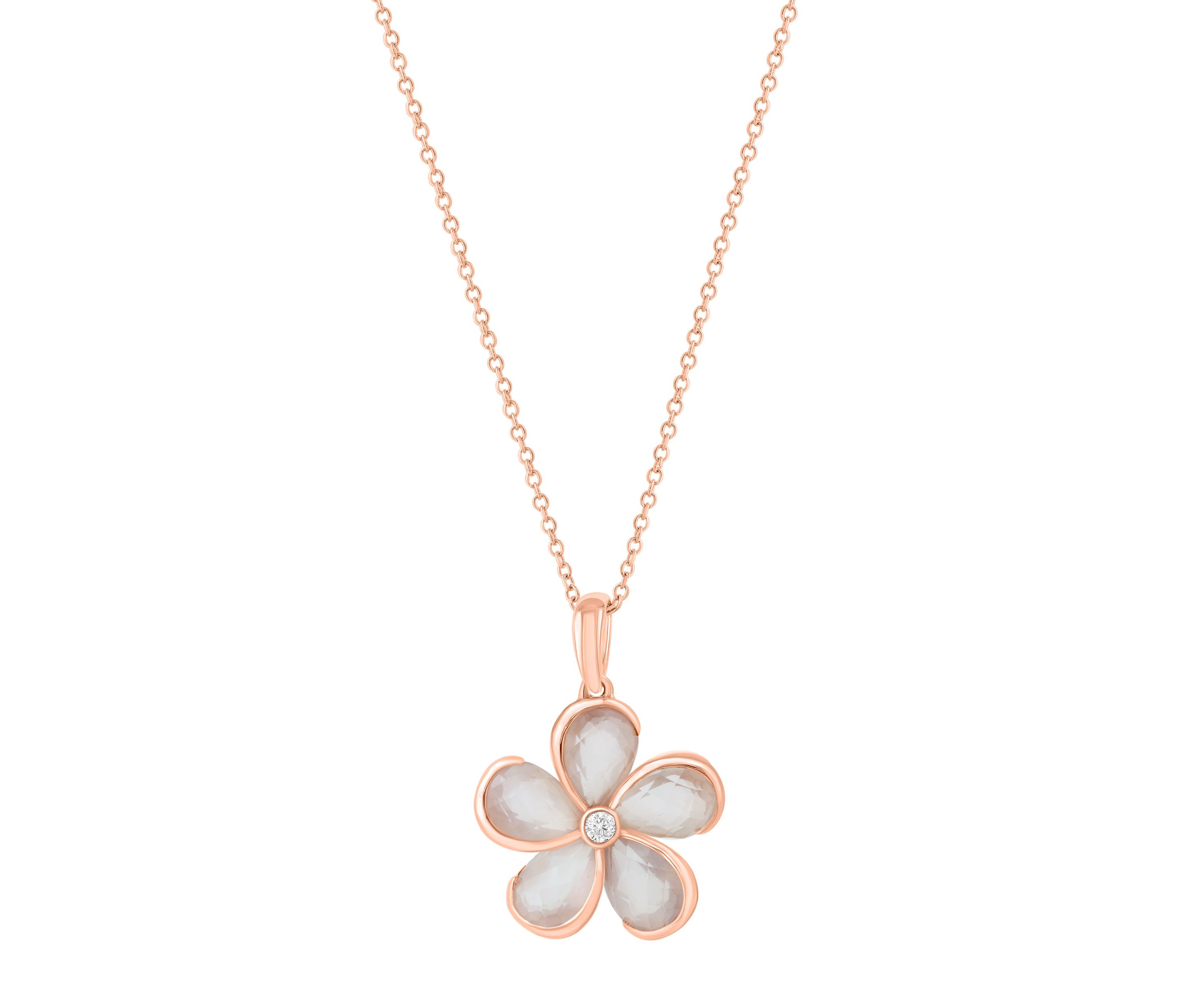 Diamond and Pink Quartz Flower Necklace in 14K Rose Gold