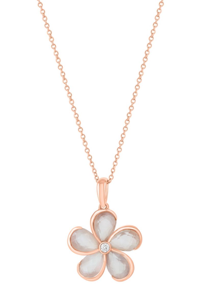 Diamond and Pink Quartz Flower Necklace in 14K Rose Gold
