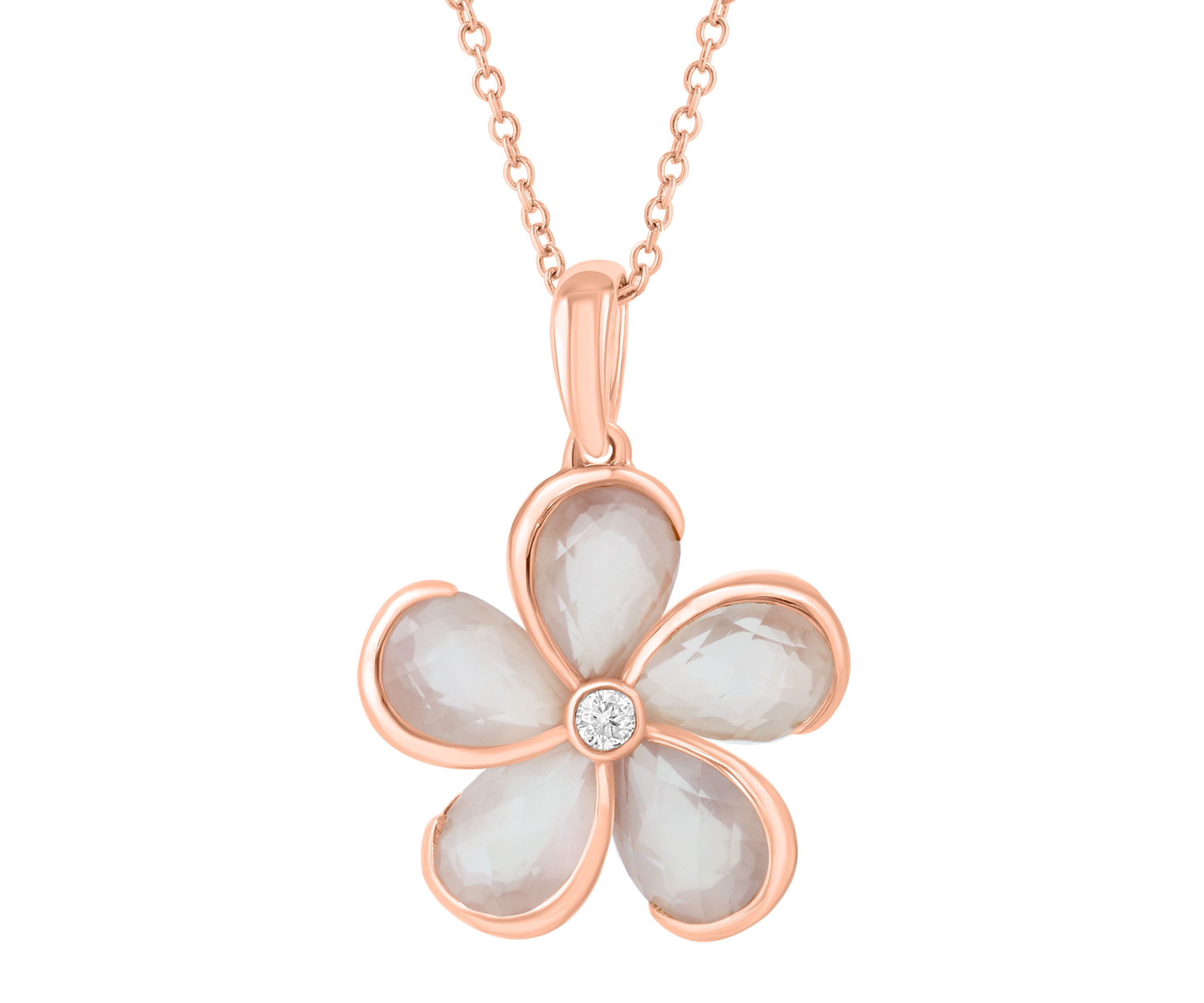 Diamond and Pink Quartz Flower Necklace in 14K Rose Gold