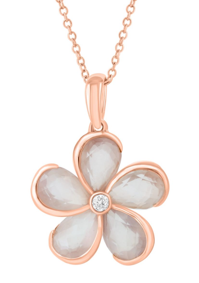 Diamond and Pink Quartz Flower Necklace in 14K Rose Gold