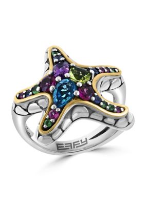 Effy Multicolor Gemstone Starfish Ring in Sterling Silver and 18K Yellow Gold Plating, 7
