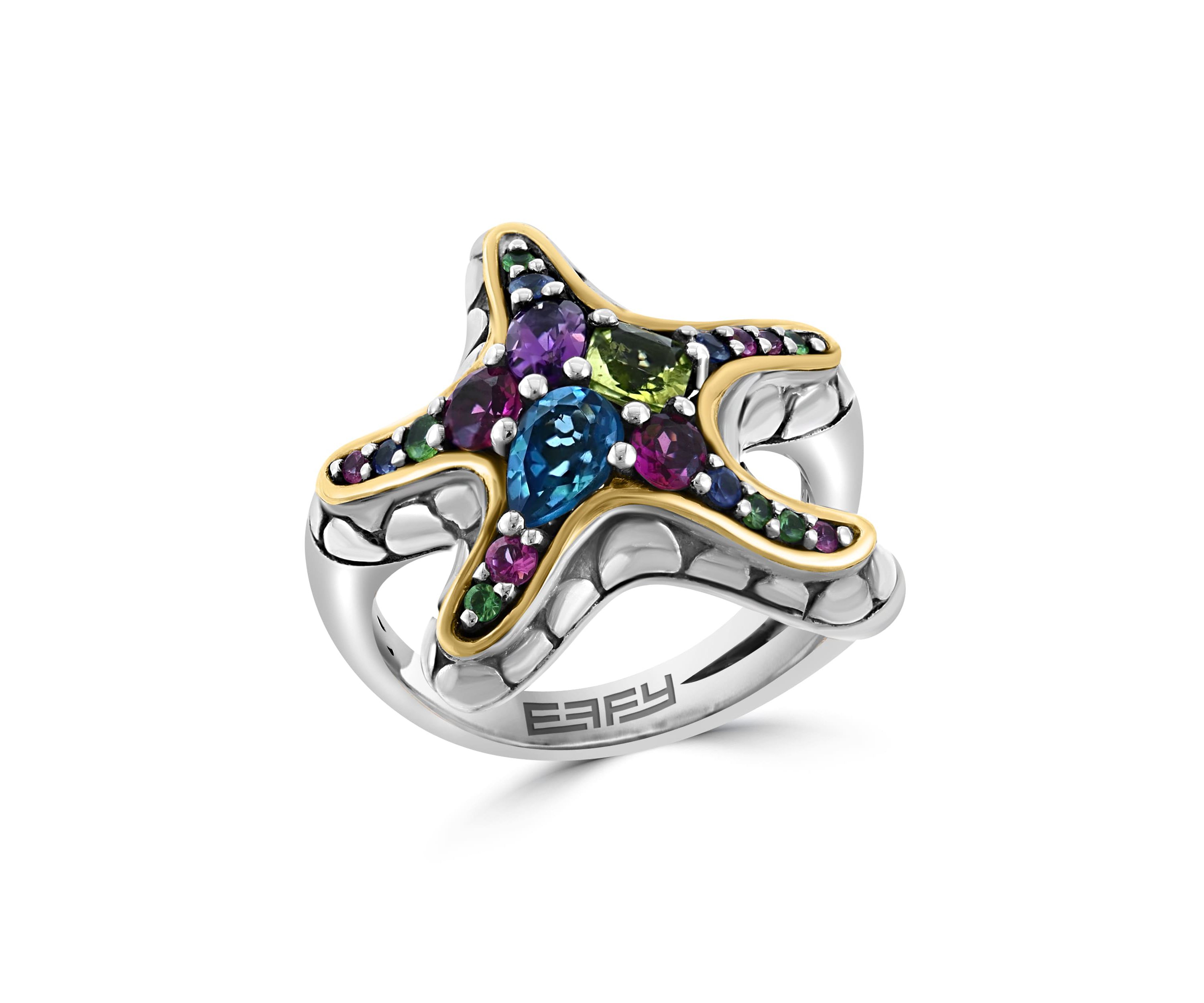 Multicolor Gemstone Starfish Ring in Sterling Silver and 18K Yellow Gold Plating