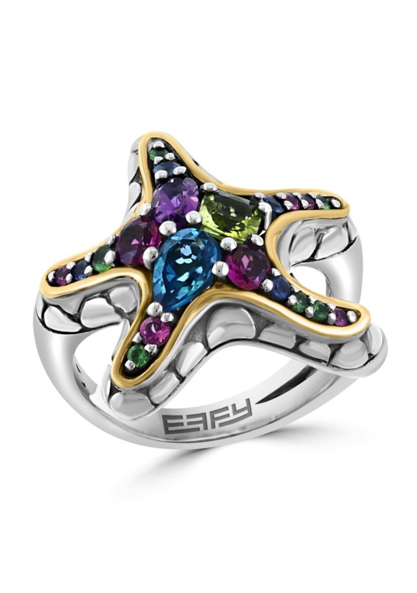 Multicolor Gemstone Starfish Ring in Sterling Silver and 18K Yellow Gold Plating