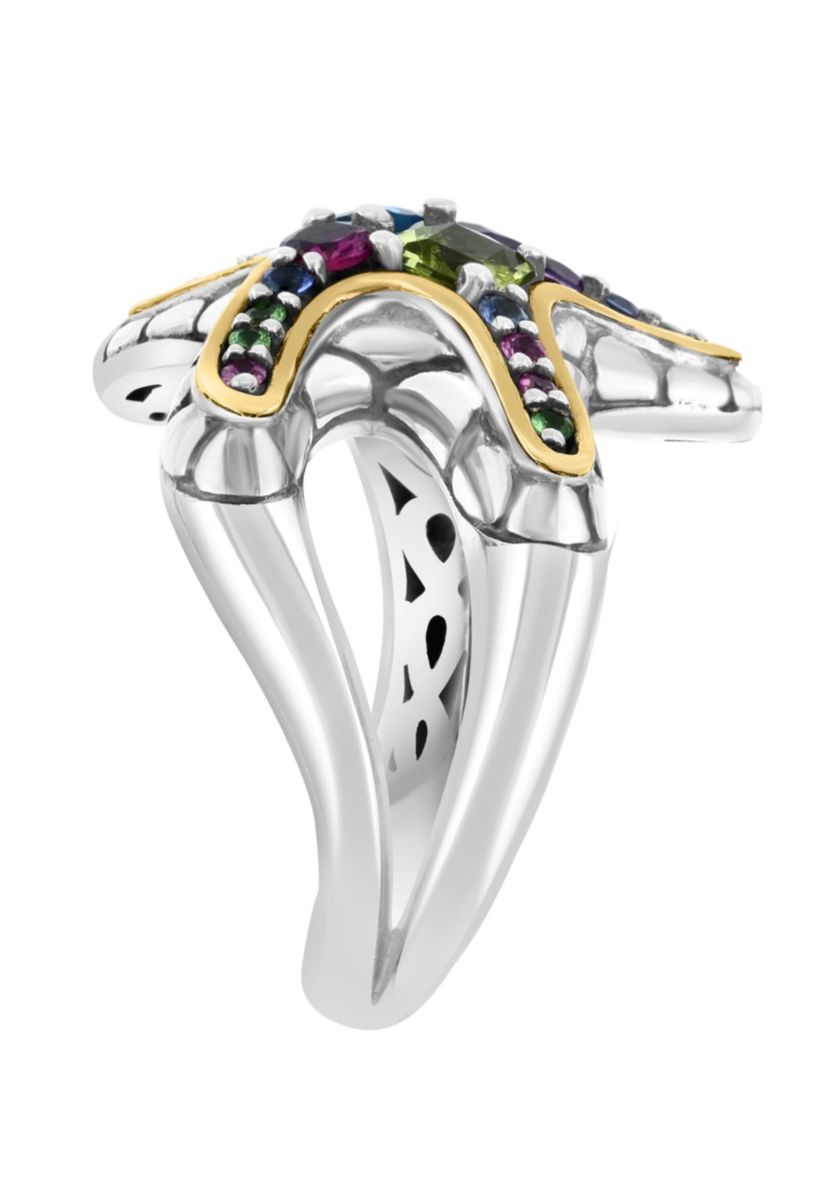 Multicolor Gemstone Starfish Ring in Sterling Silver and 18K Yellow Gold Plating