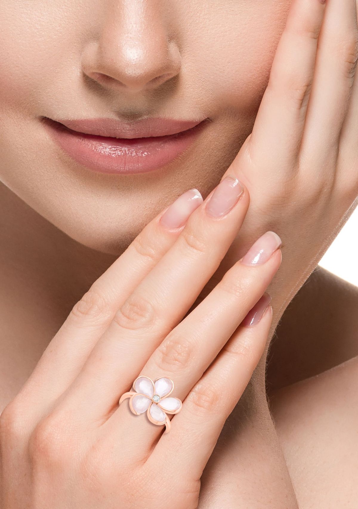 Diamond and Pink Quartz Flower Ring in 14K Rose Gold