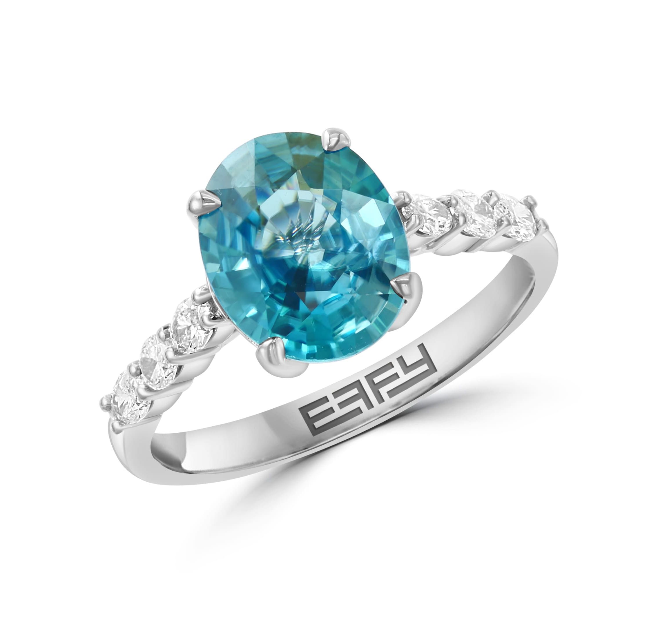 Diamond and Blue Zircon Ring in 14K White Gold