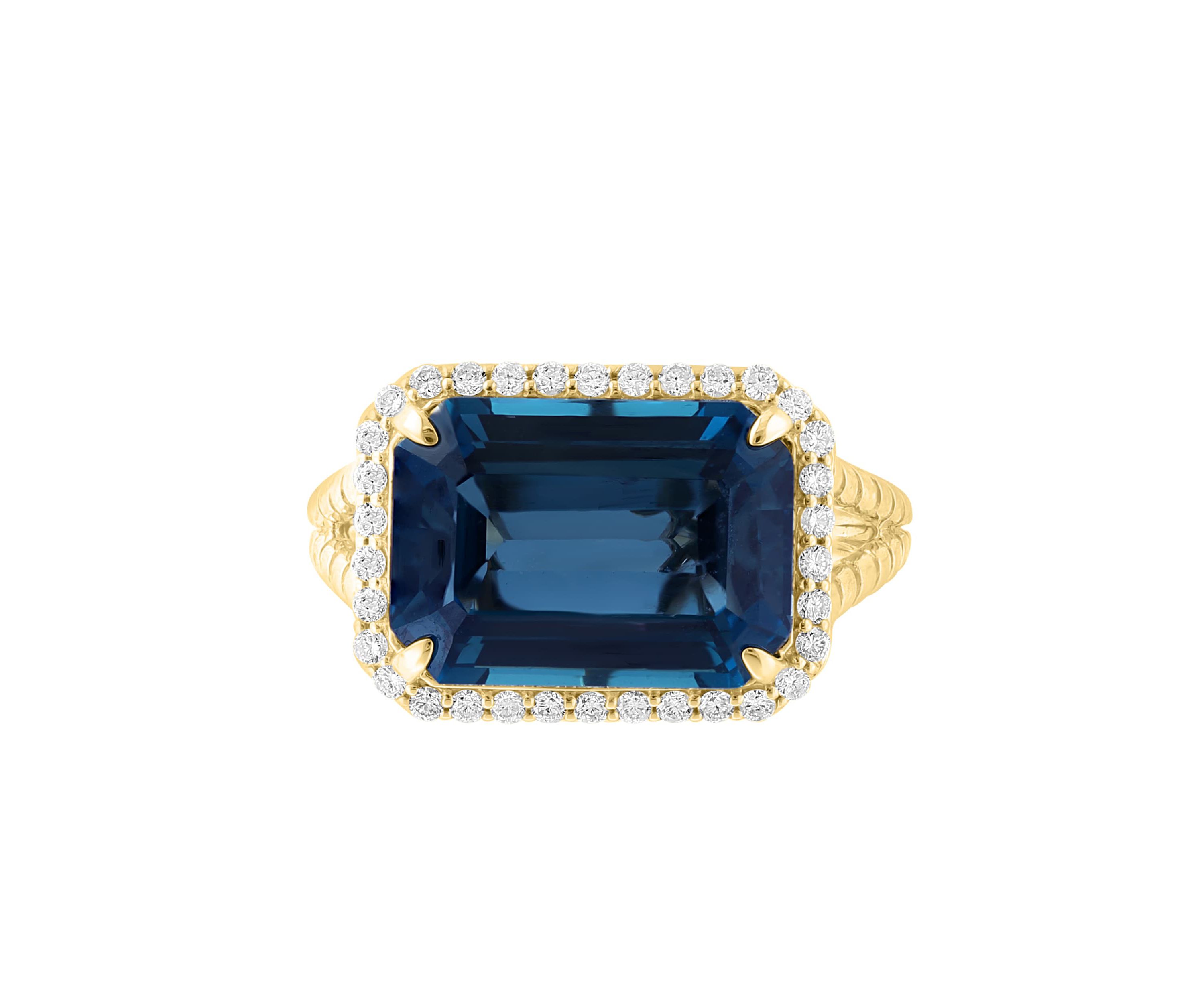 Diamond and London Blue Topaz Ring in 14K Yellow Gold