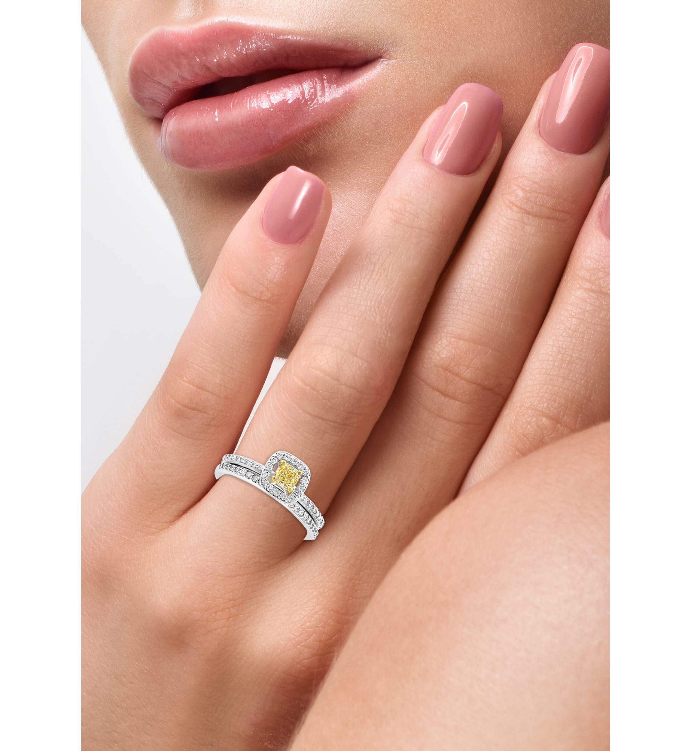 Diamond And Natural Yellow Diamond Ring Set In 14K White Gold