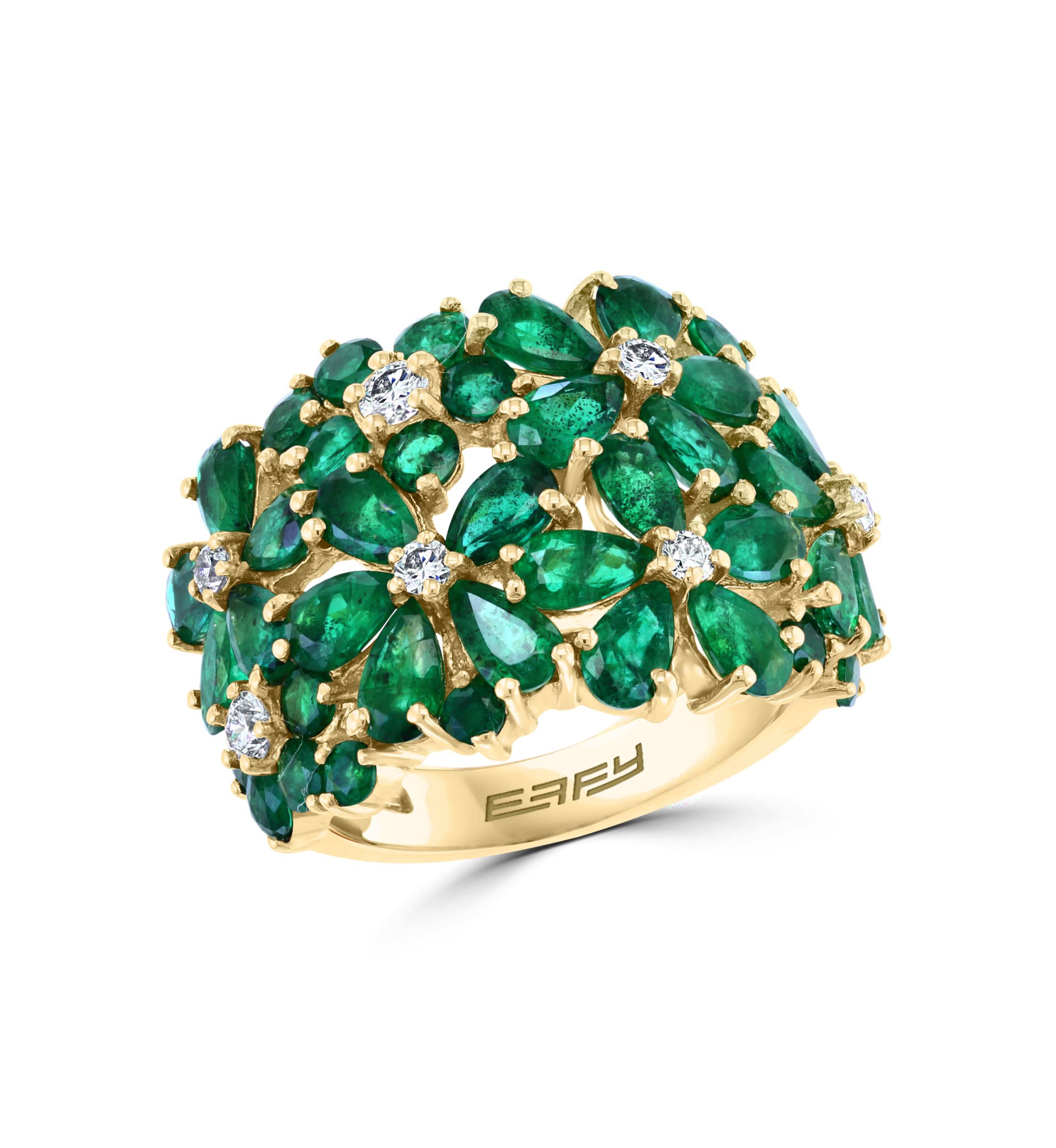 Diamond And Natural Emerald Ring In 14K Yellow Gold