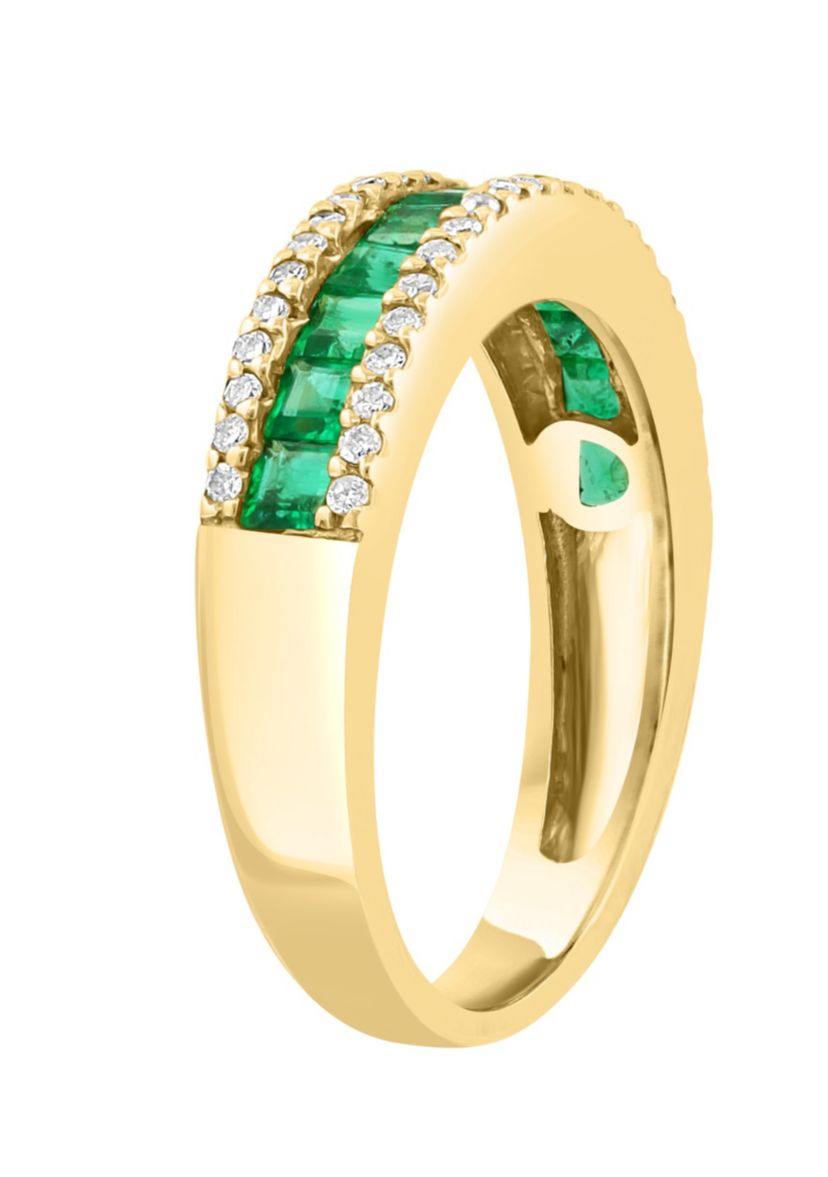 Diamond And Natural Emerald Ring In 14K Yellow Gold