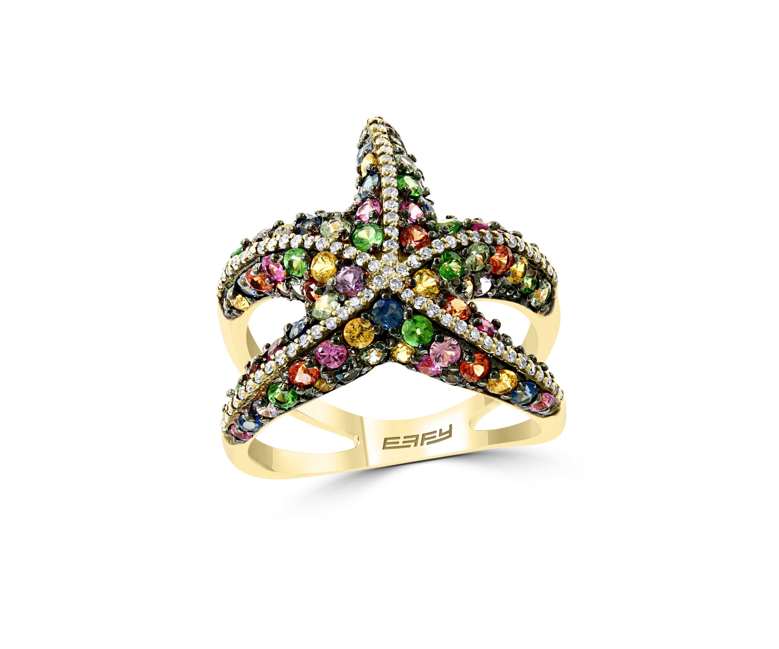 Diamond, Multicolor Sapphire And Tsavorite Ring In 14K Yellow Gold