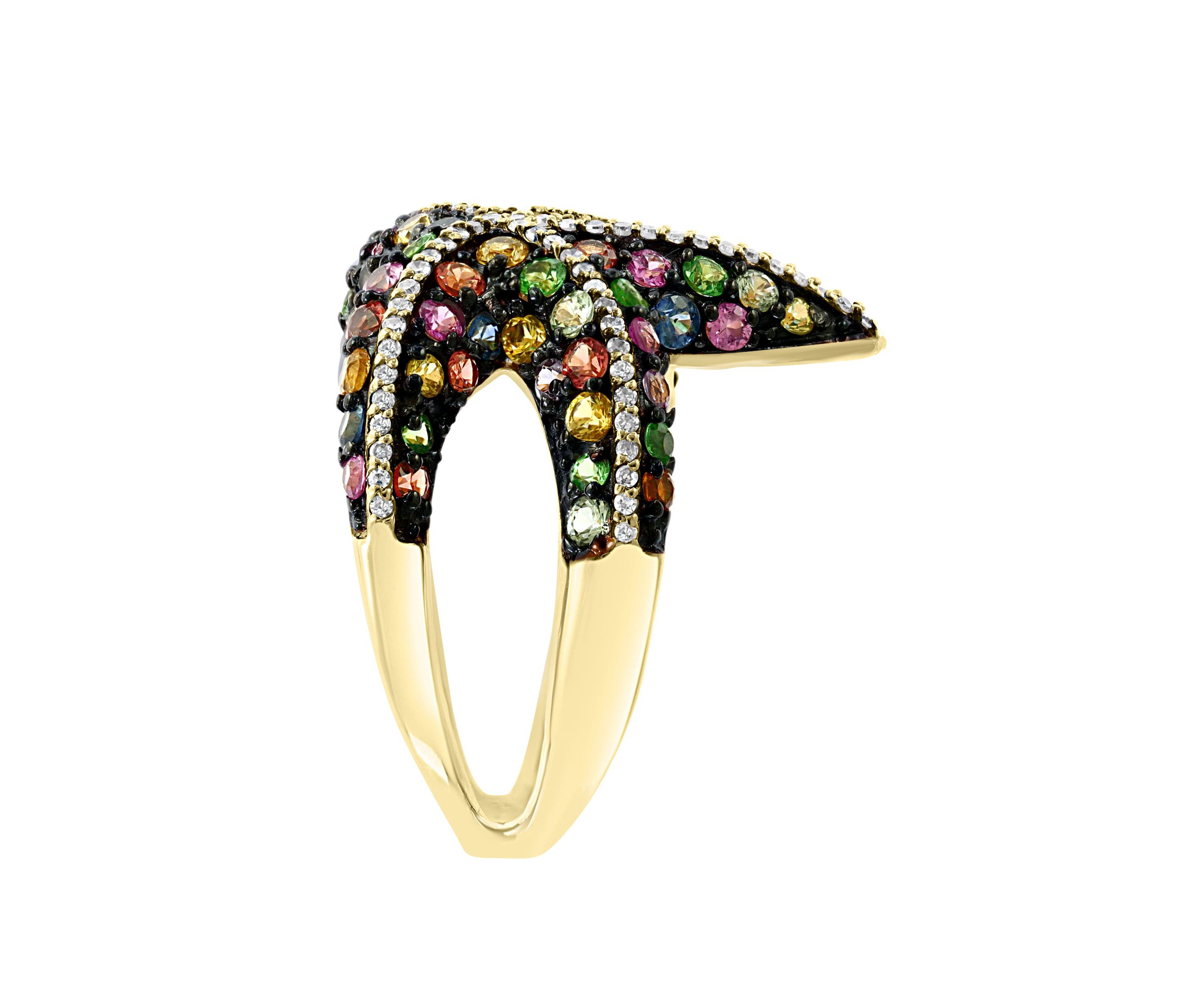 Diamond, Multicolor Sapphire And Tsavorite Ring In 14K Yellow Gold
