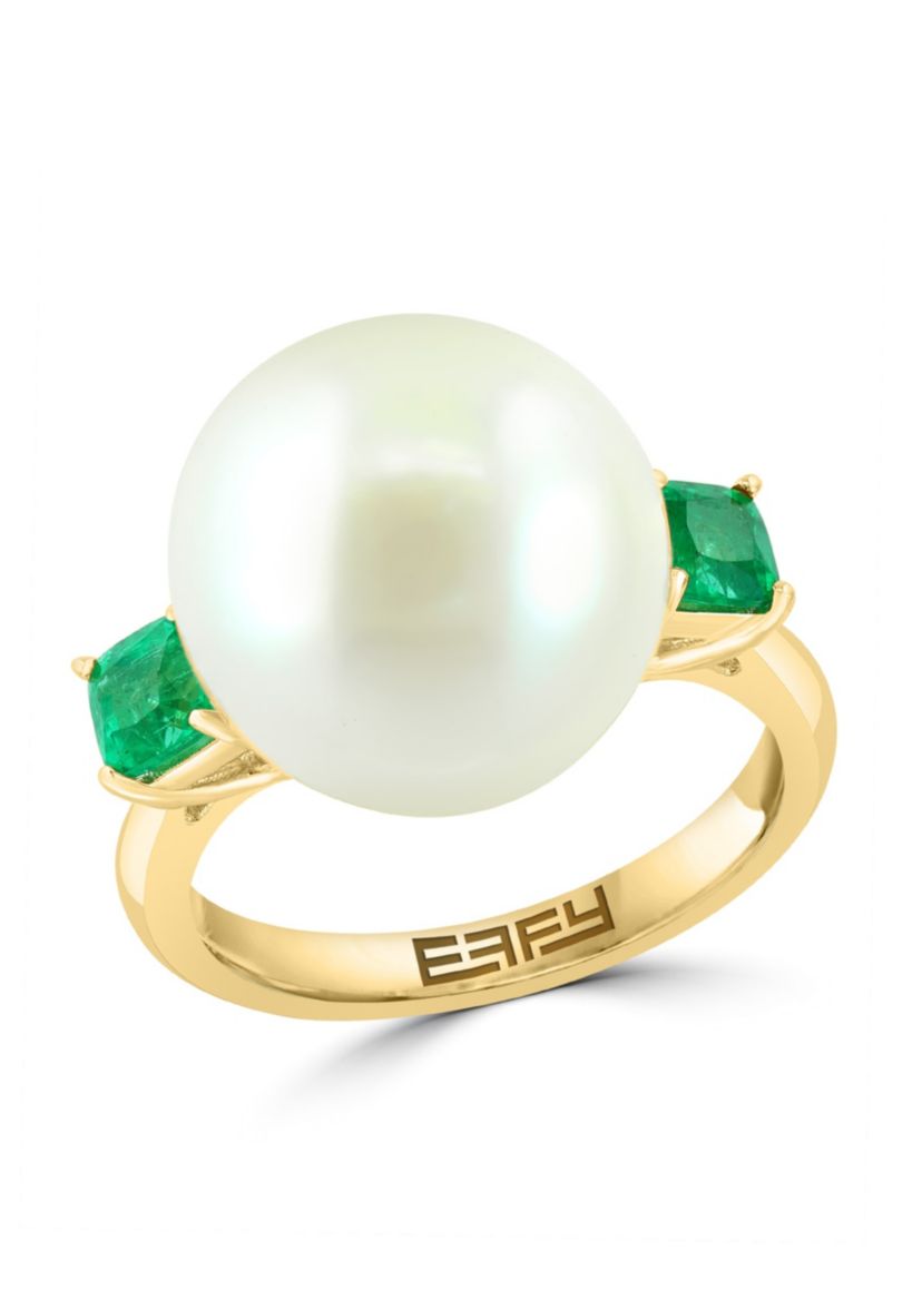 Emerald and Freshwater Pearl Ring in 14K Yellow Gold