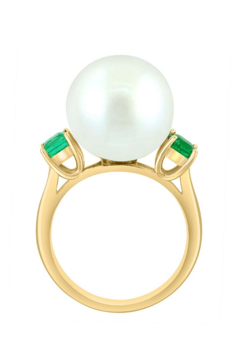 Emerald and Freshwater Pearl Ring in 14K Yellow Gold