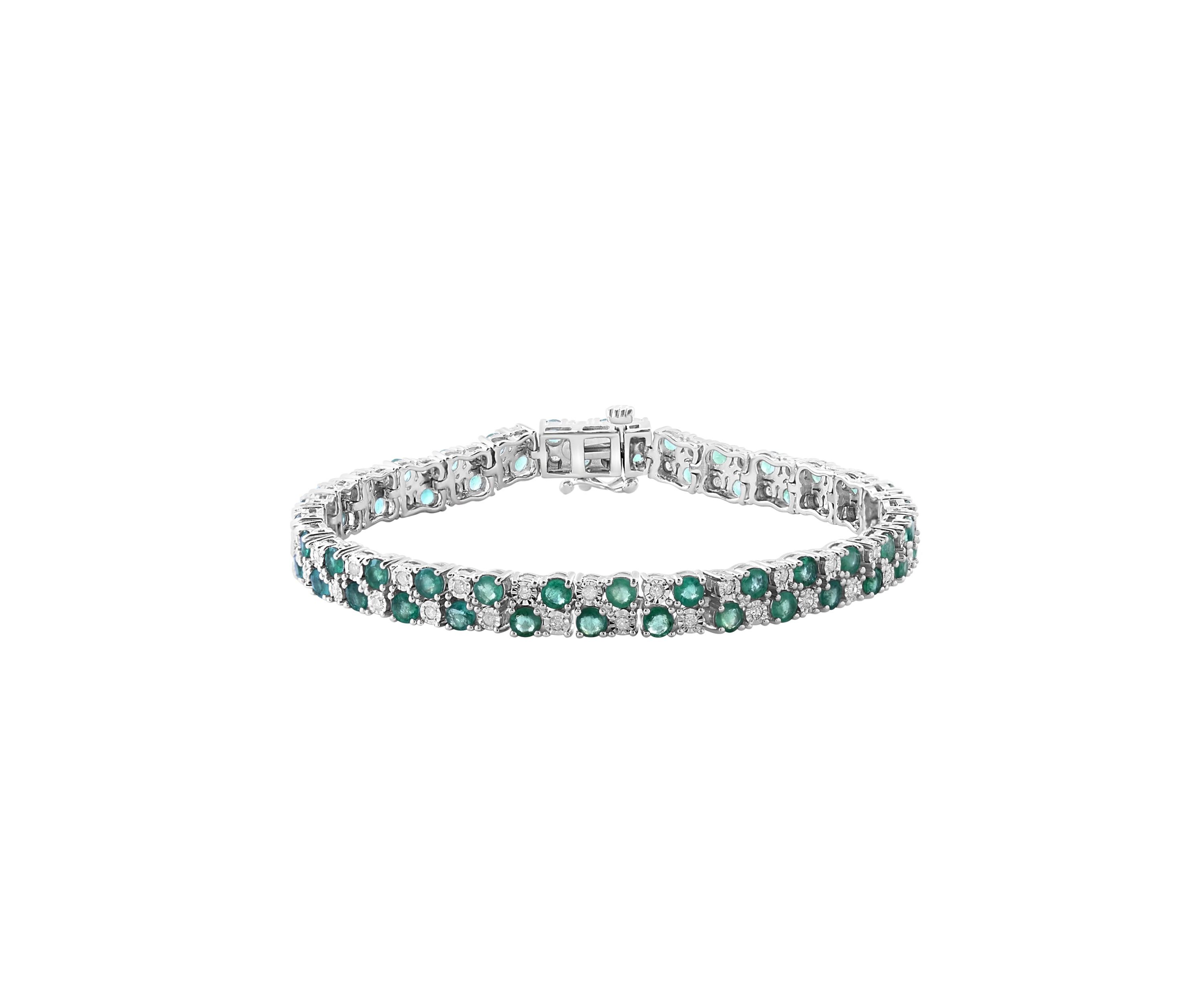 Diamond And Natural Emerald Bracelet In Sterling Silver