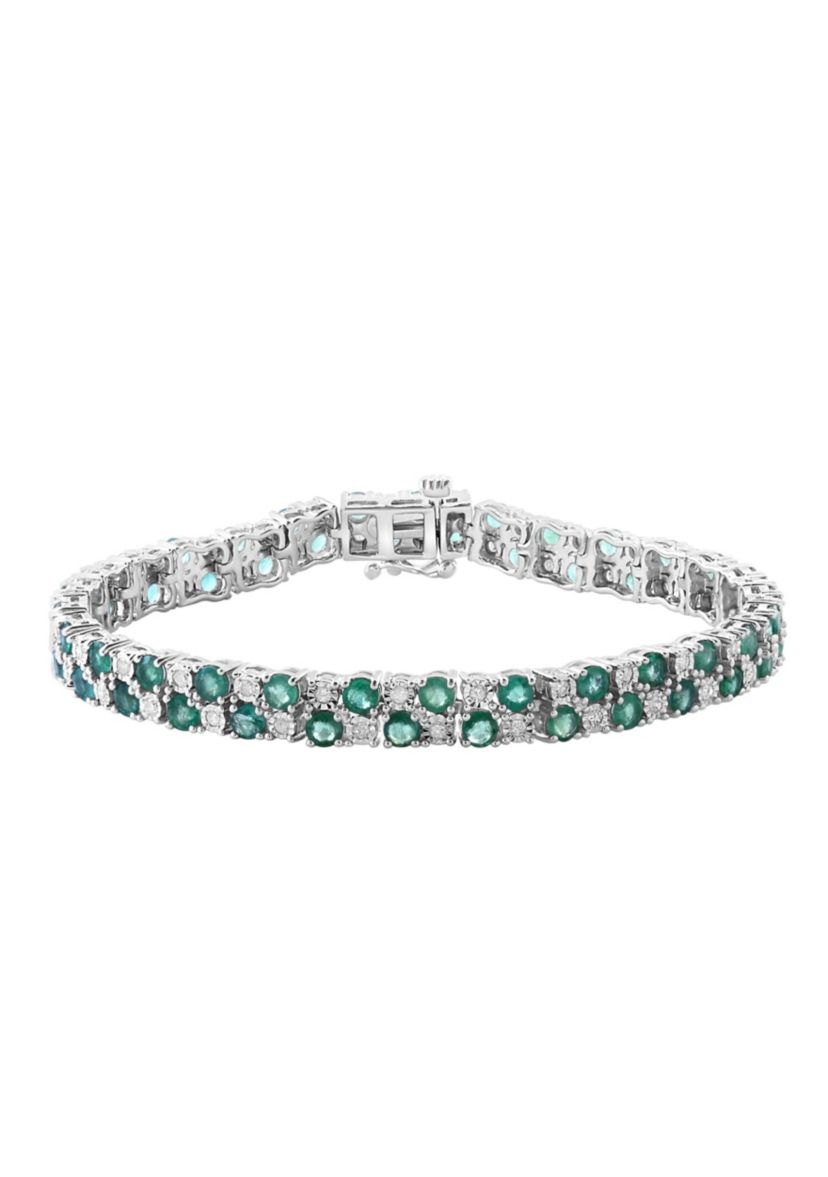 Diamond And Natural Emerald Bracelet In Sterling Silver