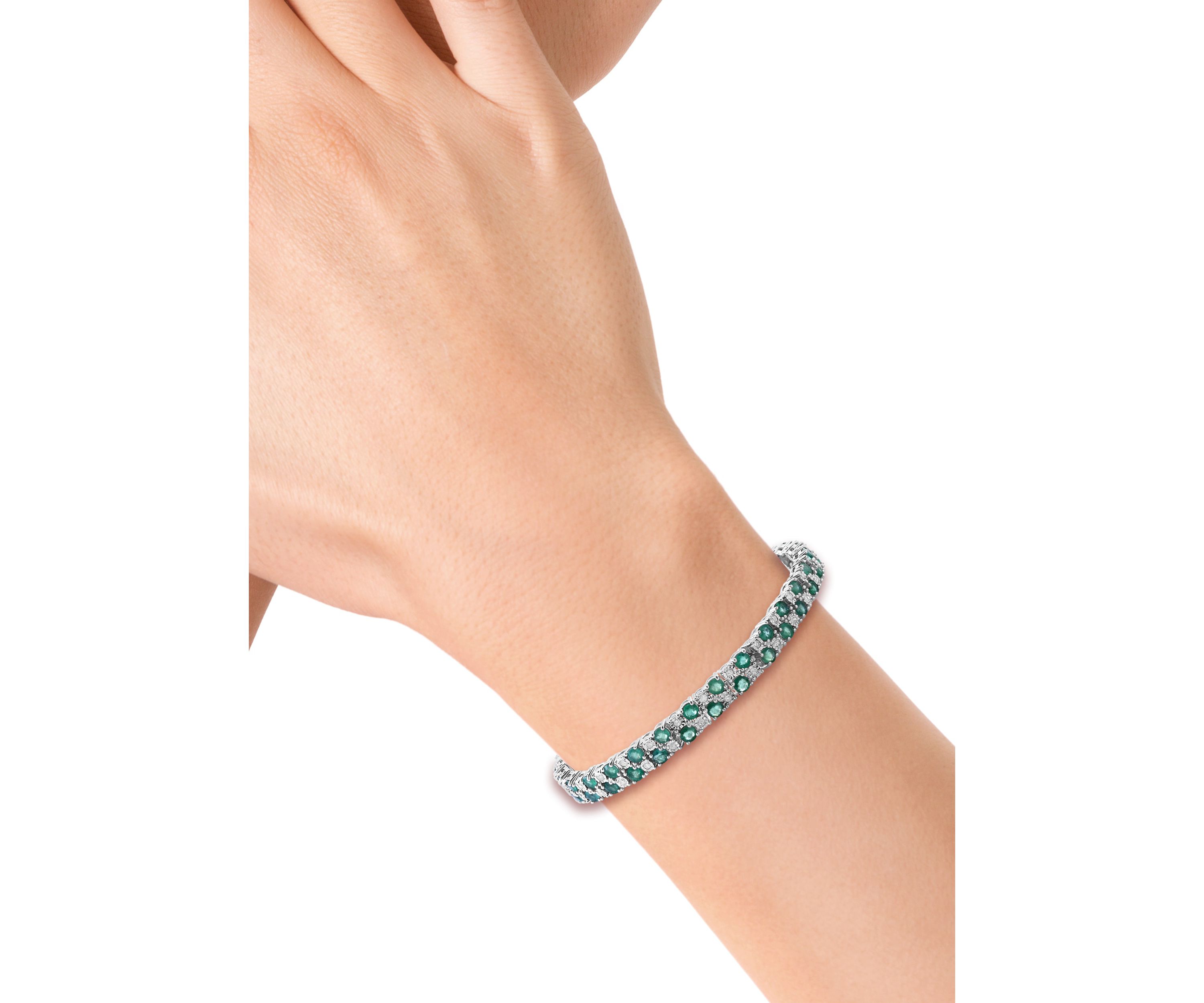 Diamond And Natural Emerald Bracelet In Sterling Silver