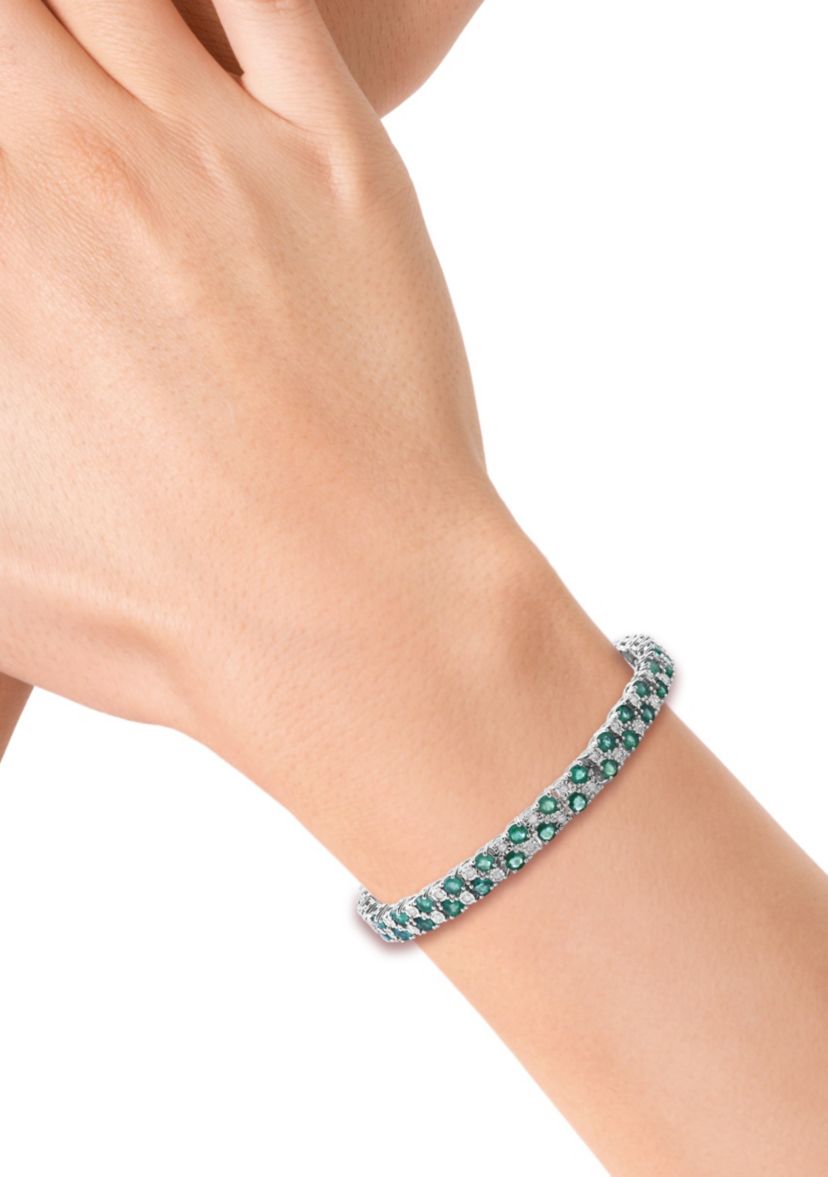 Diamond And Natural Emerald Bracelet In Sterling Silver