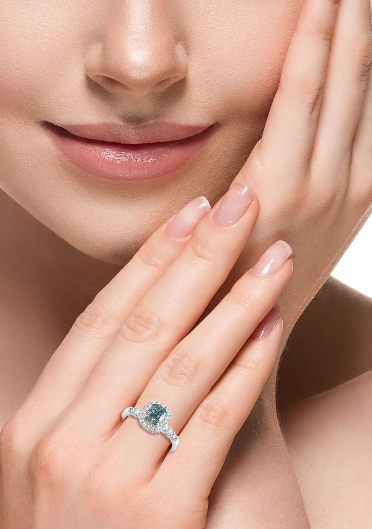Lab Created Lab Grown Blue Diamond and Diamond Ring in 14K White Gold