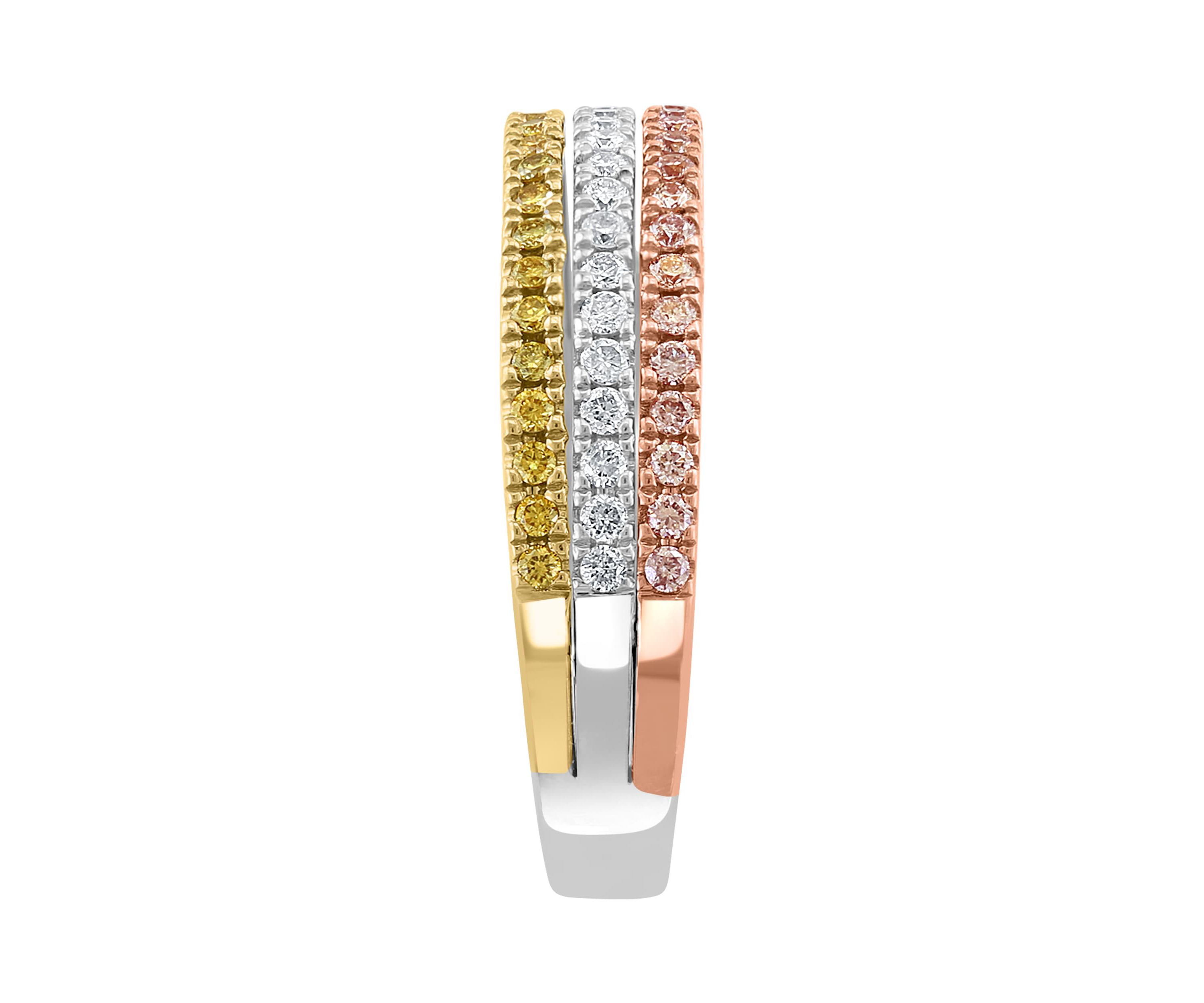 White, Yellow And Pink Natural Diamond Ring In 14K Tri Color Gold