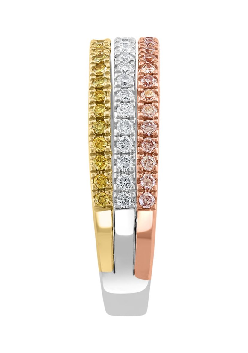 White, Yellow And Pink Natural Diamond Ring In 14K Tri Color Gold