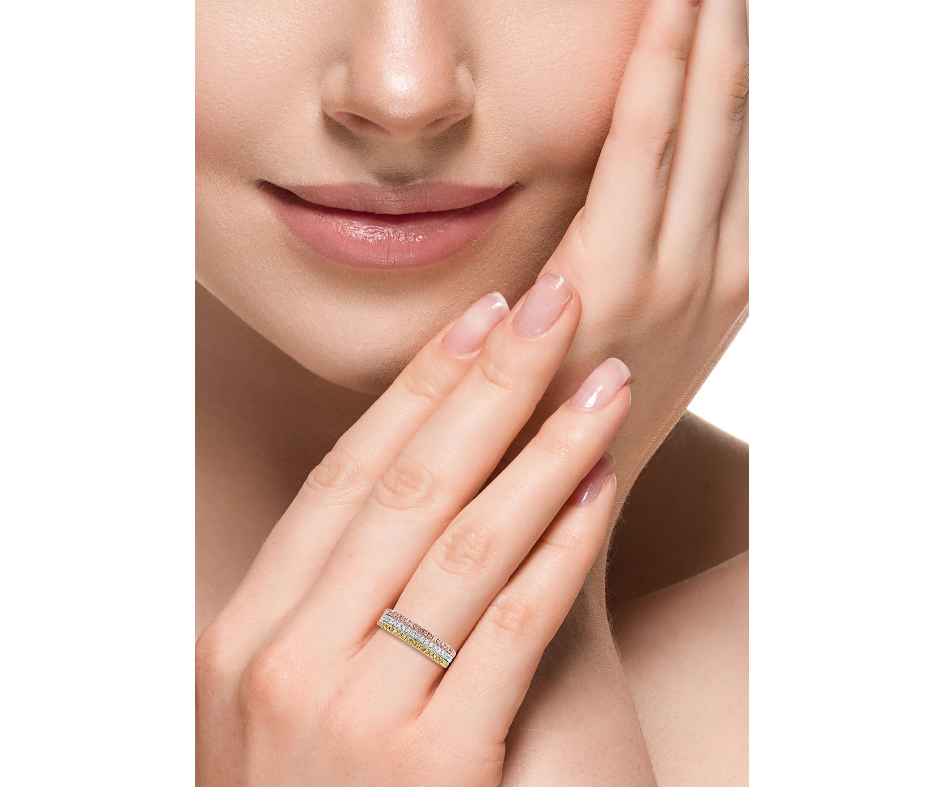 White, Yellow And Pink Natural Diamond Ring In 14K Tri Color Gold