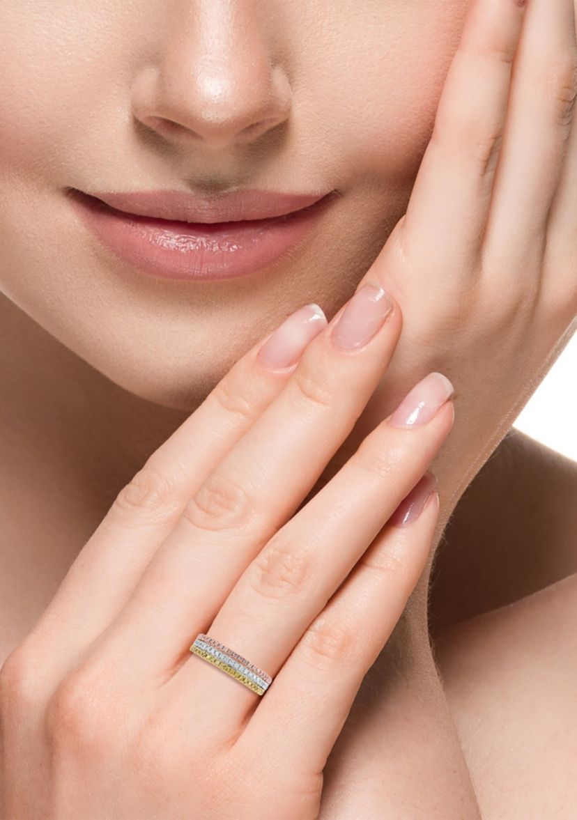 White, Yellow And Pink Natural Diamond Ring In 14K Tri Color Gold