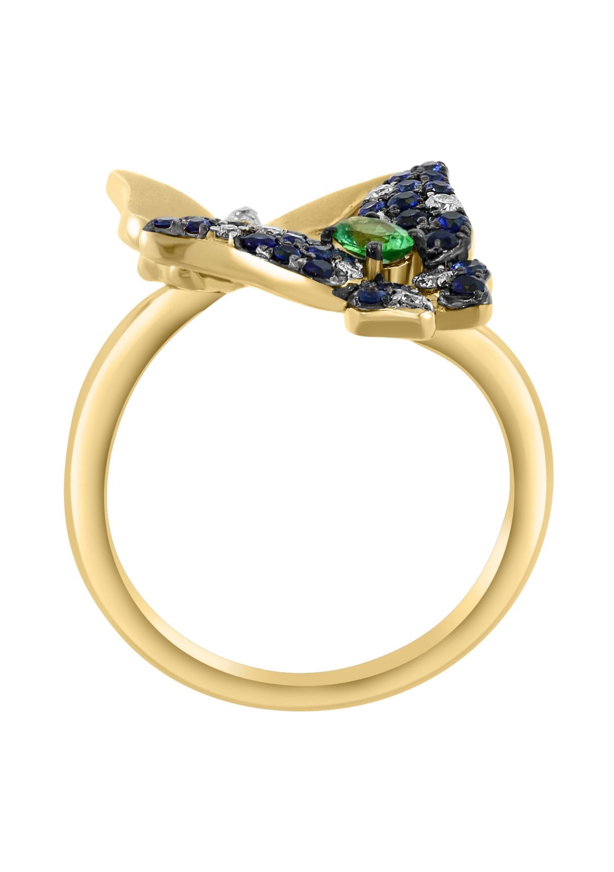 Diamond, Natural Sapphire and Tsavorite Butterfly Ring in 14K Yellow Gold