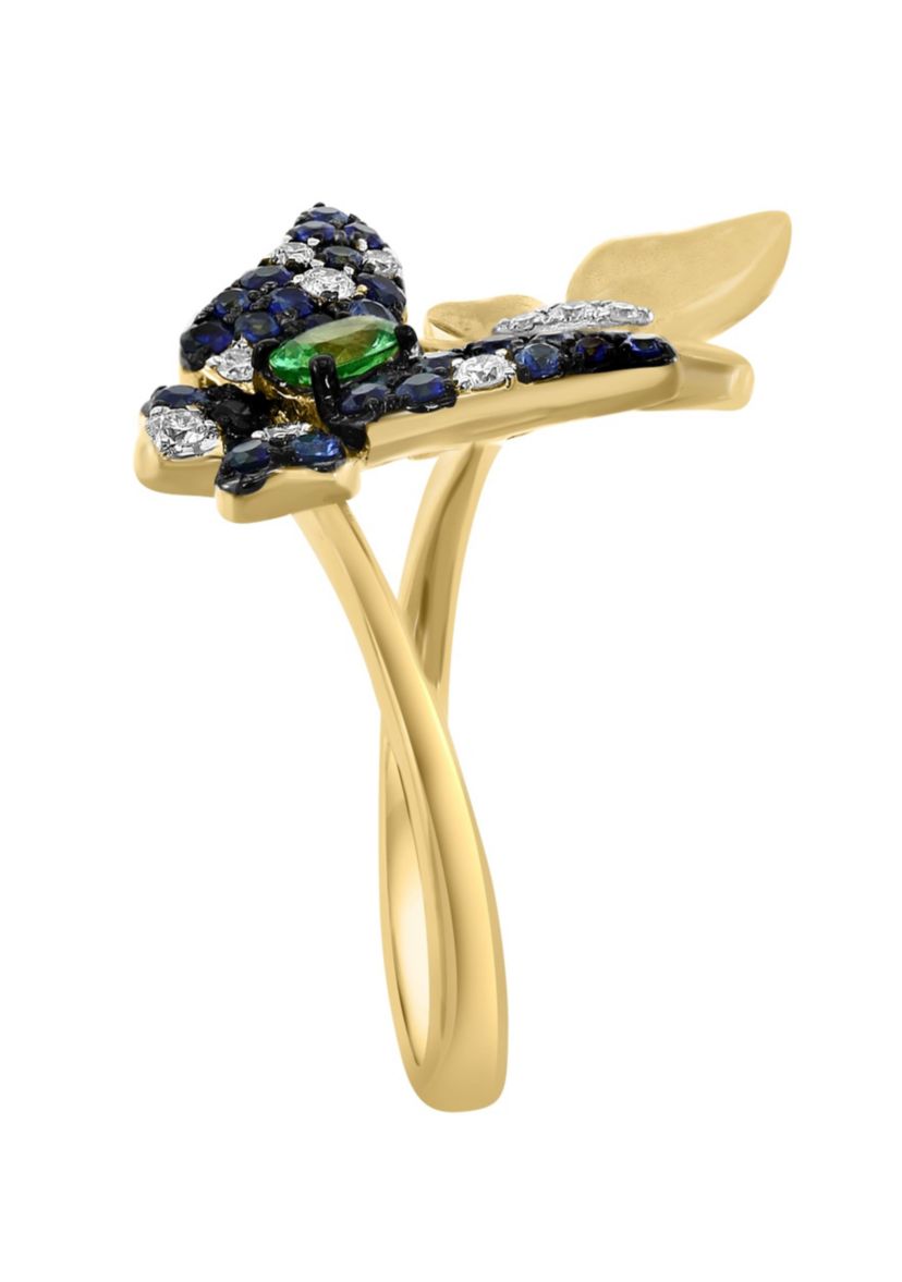 Diamond, Natural Sapphire and Tsavorite Butterfly Ring in 14K Yellow Gold