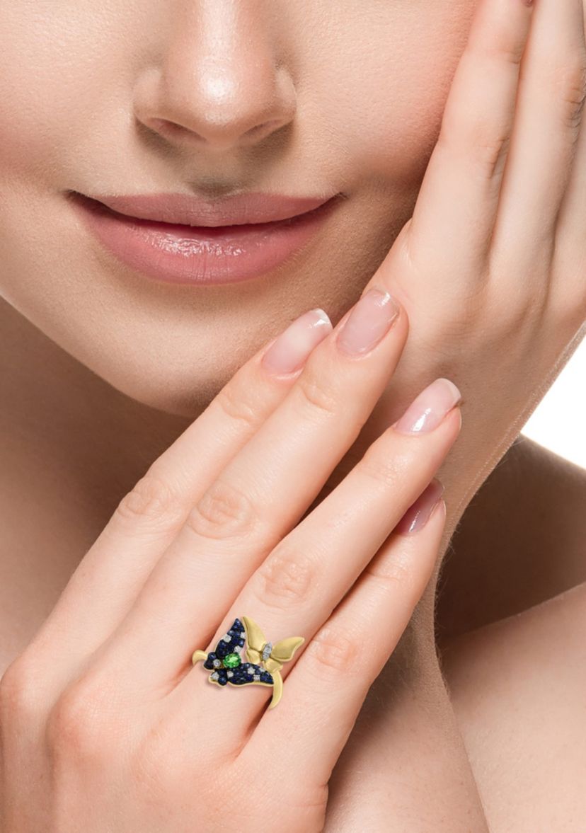 Diamond, Natural Sapphire and Tsavorite Butterfly Ring in 14K Yellow Gold