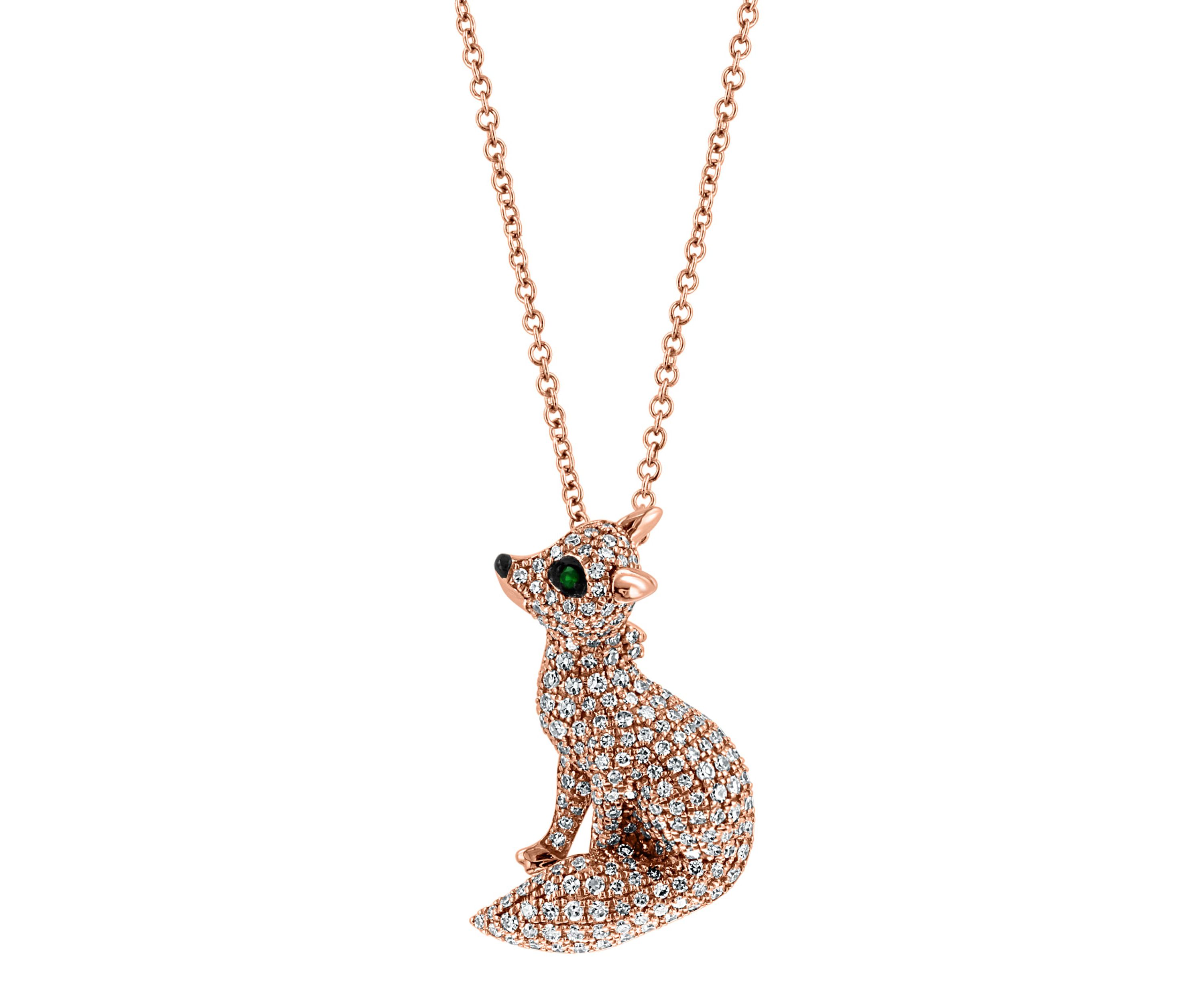 Diamond And Tsavorite Fox Pendant In 14K Rose Gold