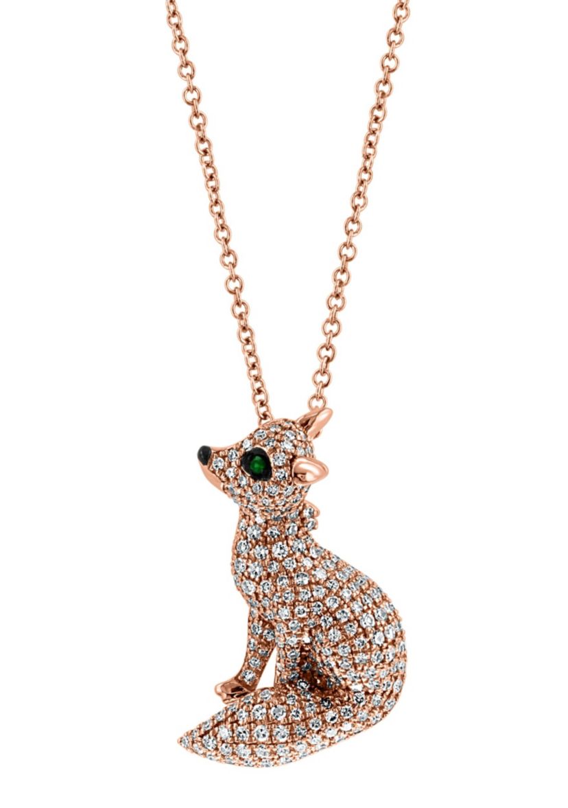 Diamond And Tsavorite Fox Pendant In 14K Rose Gold