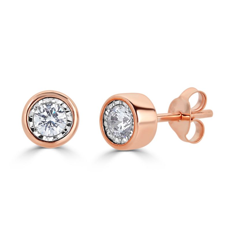 1/4CTW Bezel Diamond Stud Earring set in 14K Rose Gold