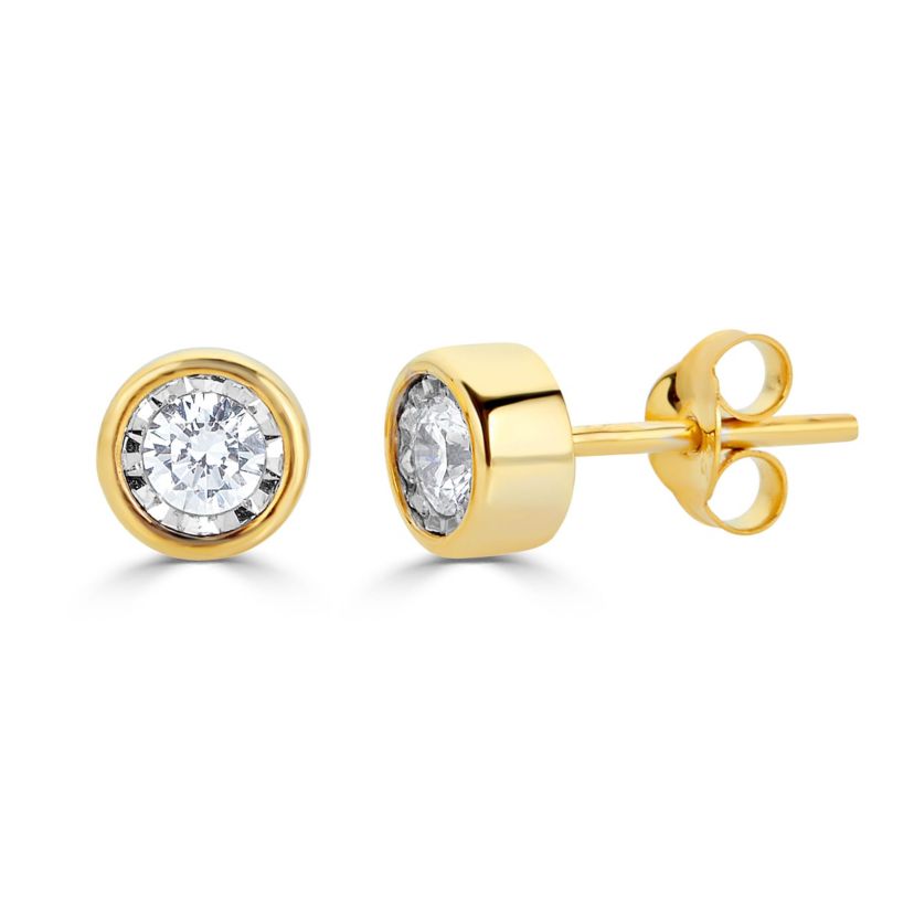 1/2CTW Bezel Diamond Stud Earring set in 14K Yellow Gold