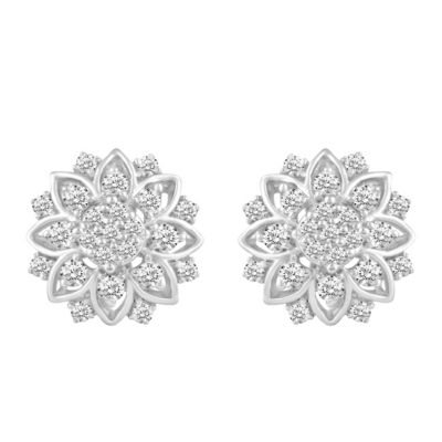 3/4Ctw Diamond Floral Cluster Stud Earring in 925 Sterling Silver