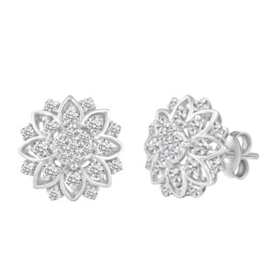 3/4Ctw Diamond Floral Cluster Stud Earring in 925 Sterling Silver