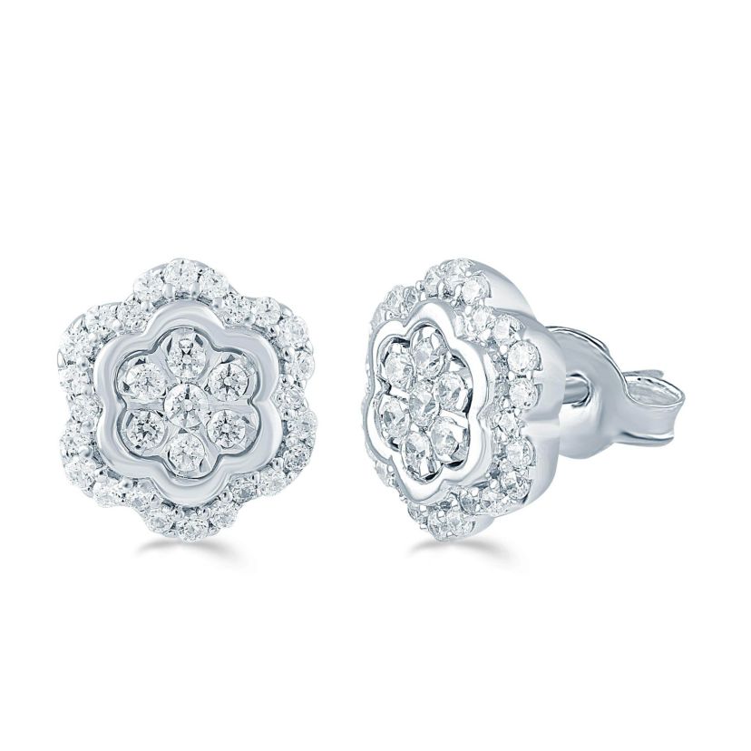 1/4Ctw Diamond Floral Cluster Stud Earrings set in 925 Sterling Silver