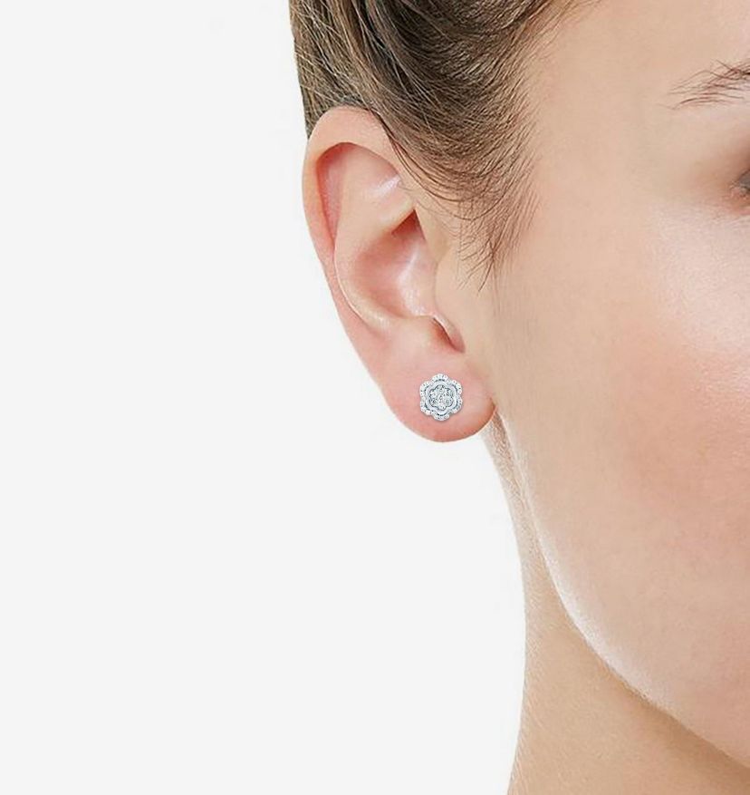 1/4Ctw Diamond Floral Cluster Stud Earrings set in 925 Sterling Silver