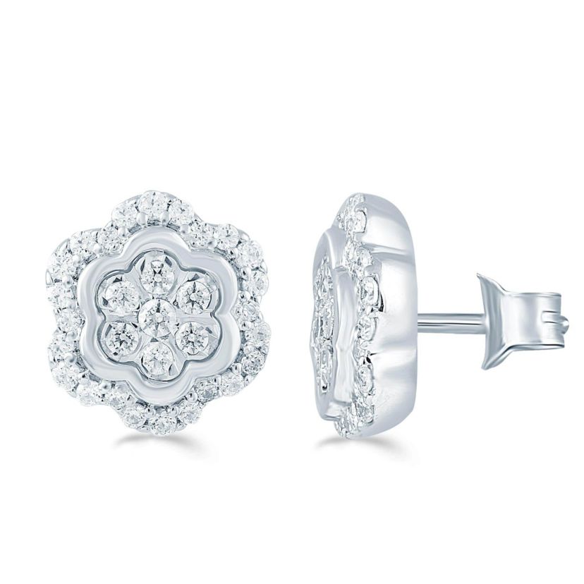 1/4Ctw Diamond Floral Cluster Stud Earrings set in 925 Sterling Silver