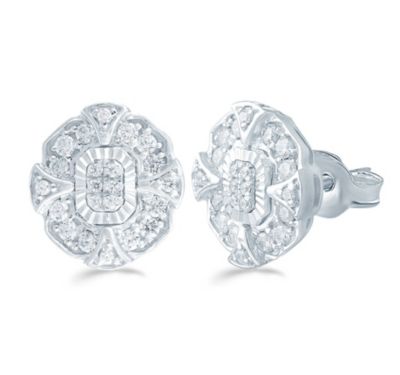 Royal Aura 3/8 ct. t.w. Natural Diamond Emerald Cluster Stud Earring set in 925 Sterling Silver