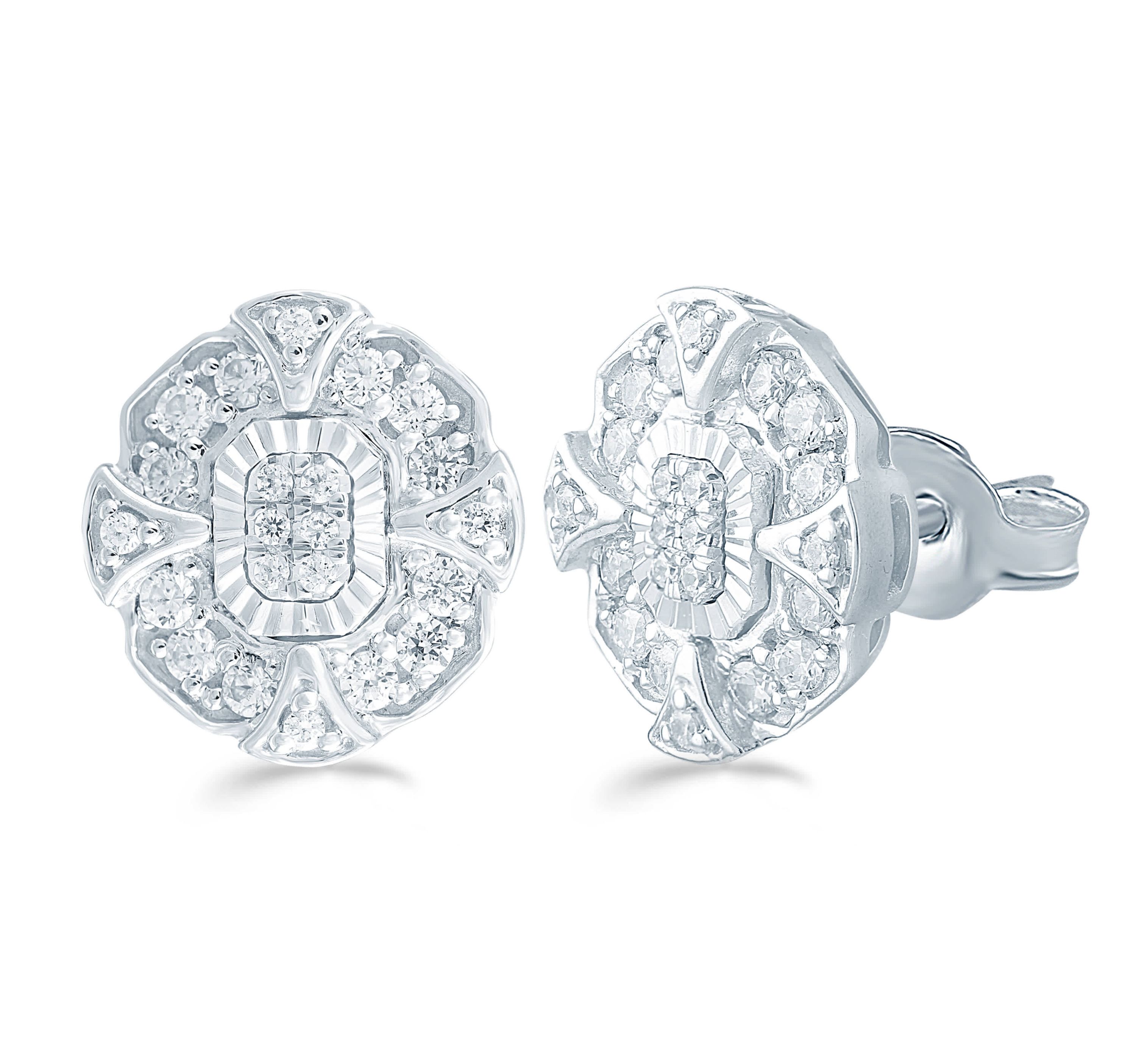 3/8 ct. t.w. Natural Diamond Emerald Cluster Stud Earring set in 925 Sterling Silver